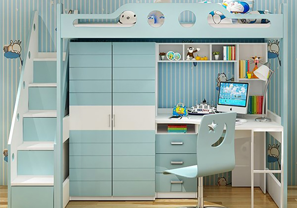 Giường tầng kết hợp tủ quần áo và bàn học màu xanh đẹp mắt