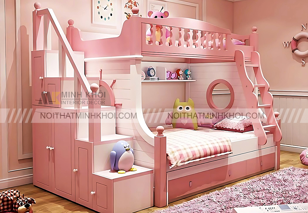 Giường tầng màu hồng có tủ đồ tiện lợi