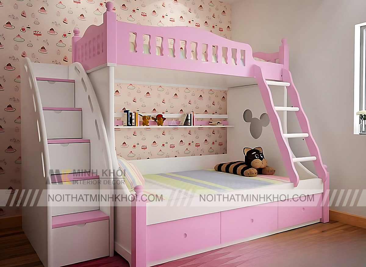 Giường Tầng Màu Hồng Gỗ Xoan Đào Có Hộc Kéo - GT217