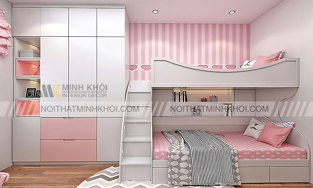 Giường tầng màu hồng phong cách hiện đại