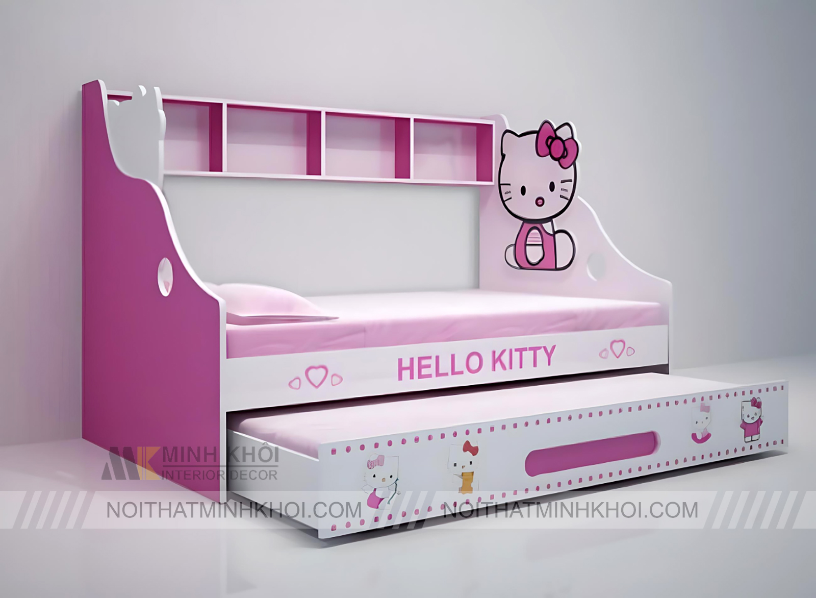 Giường Tầng Thấp Trẻ Em Mèo Kitty Có Kệ Sách - FCH153N