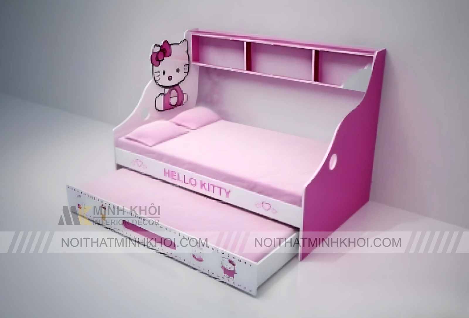 Giường Tầng Thấp Trẻ Em Mèo Kitty Có Kệ Sách - FCH153N