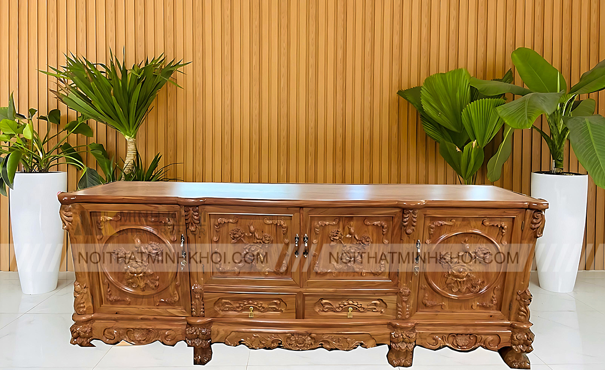 Kệ Để Tivi Gỗ Gõ Đỏ Chạm Hoa Hồng - KTV920