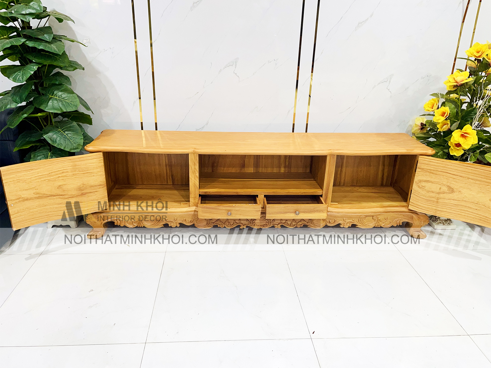 Kệ Tivi Đẹp Gỗ Gõ Đỏ Louis Mặt Liền Cao Cấp - KTV903