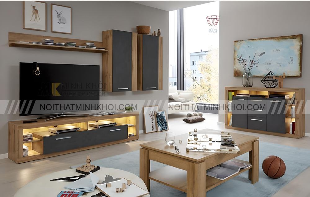 Mẫu kệ tivi gỗ sồi có đèn led