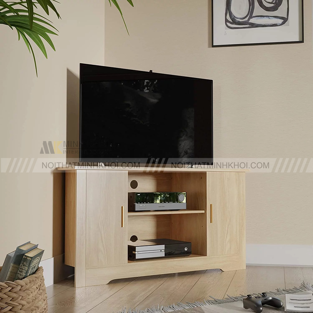 Kệ tivi góc tường gỗ tự nhiên nâu vàng ấm cúng