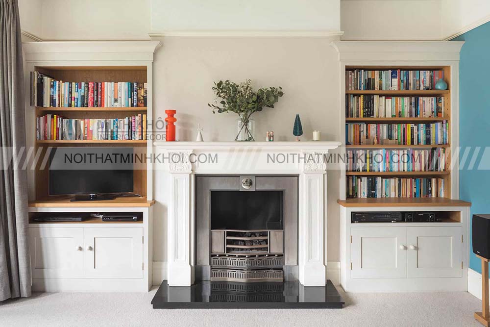Kệ tivi kết hợp giá sách dạng âm tường