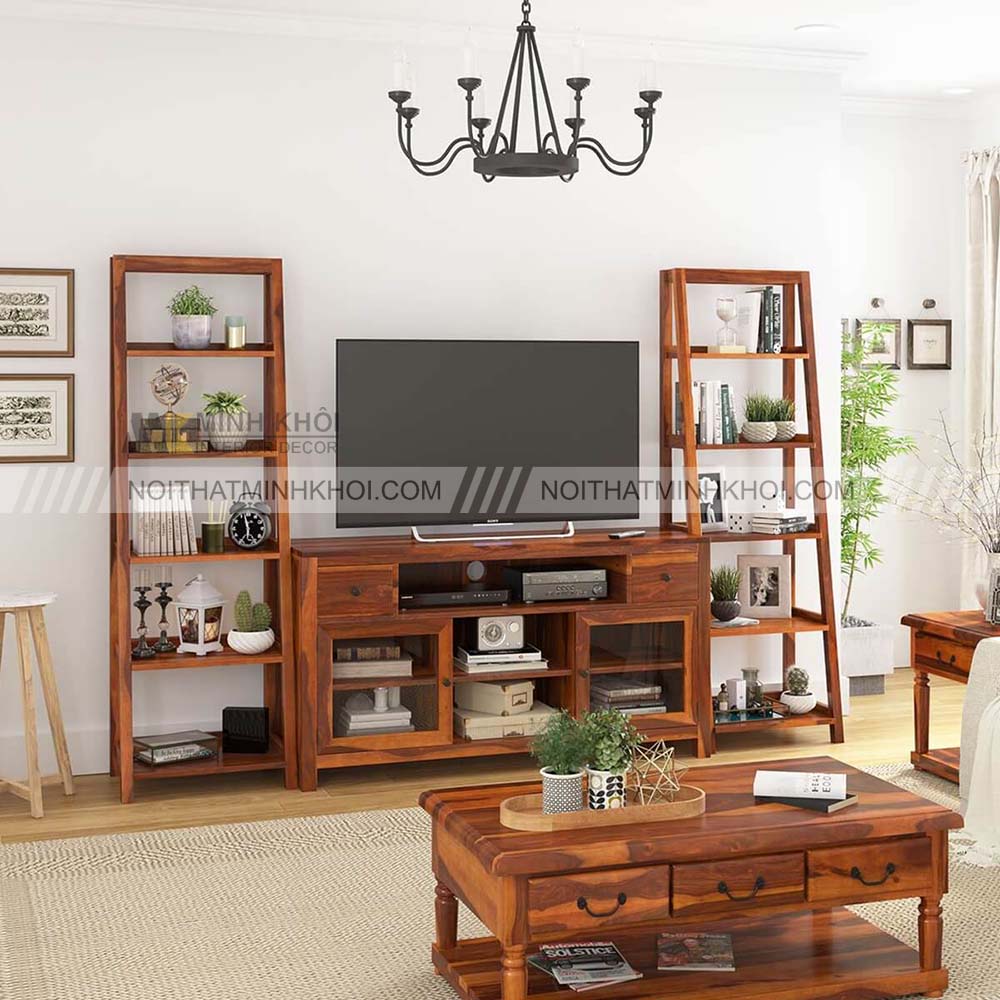 Kệ tivi kết hợp giá sách làm từ gỗ tự nhiên