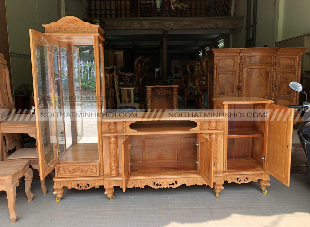 Kệ tivi lệch trái gỗ tự nhiên màu nâu vàng ấm cúng