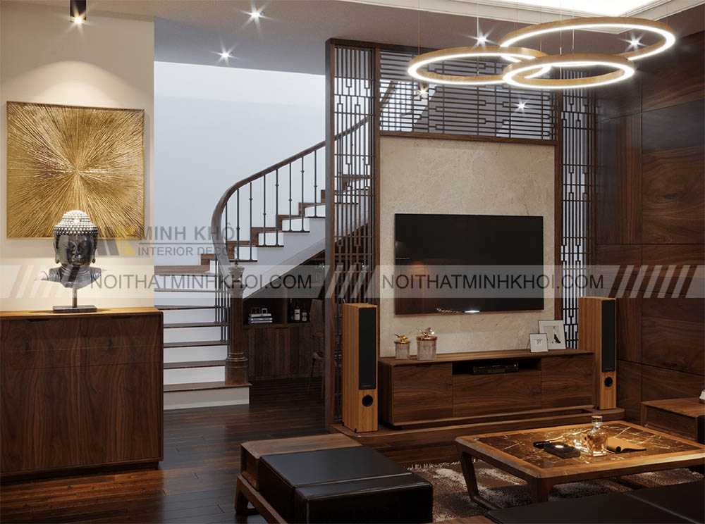 Kệ tivi phòng khách và bếp đặt ở cầu thang