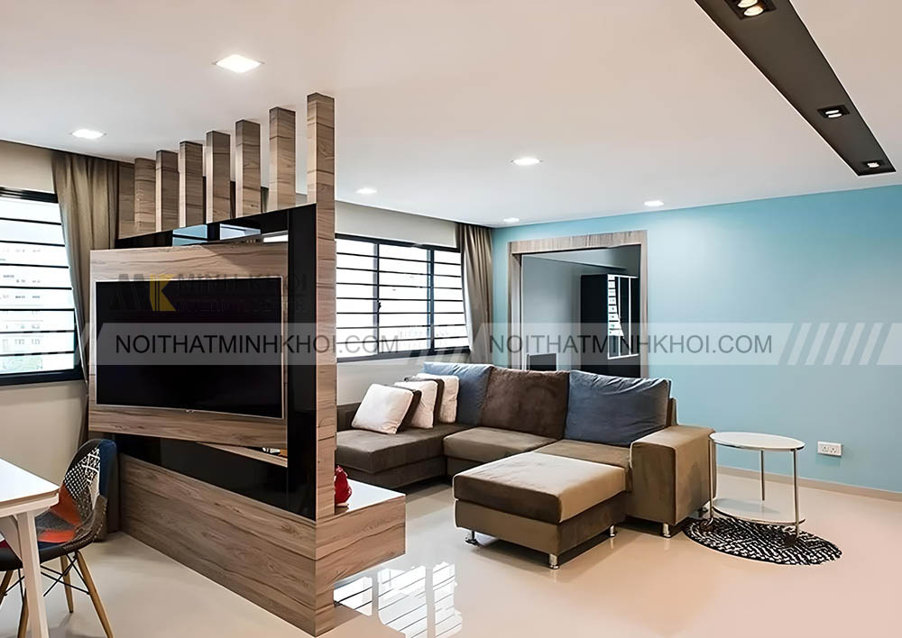 Kệ tivi ngăn phòng khách và bếp có trục xoay tivi