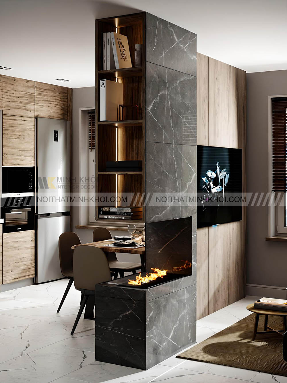 Kệ tivi phòng khách và bếp kết hợp giá sách