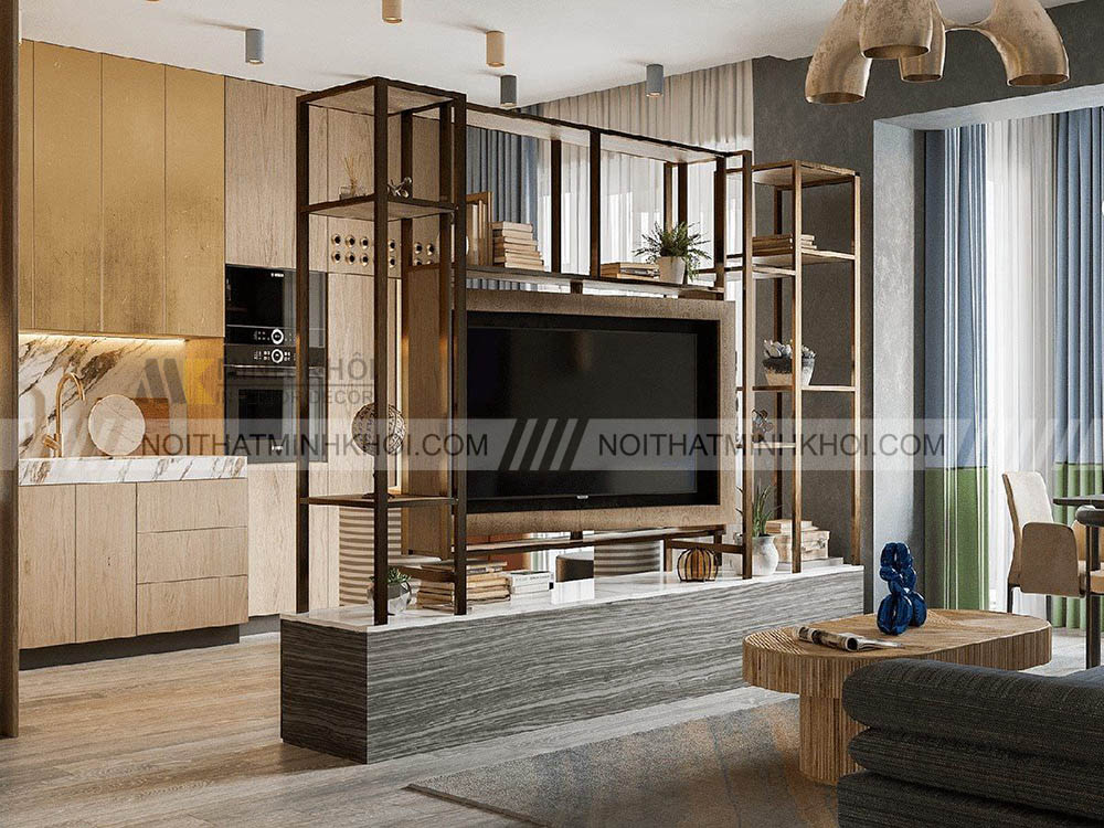 Kệ tivi ngăn phòng khách và bếp kiêm tủ trưng bày