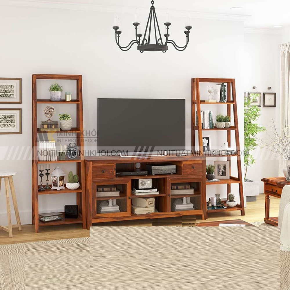 Kệ tivi gỗ nguyên khối kiêm giá sách