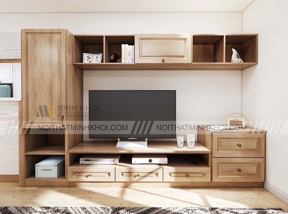 Kệ tivi phòng khách nhà ống tích hợp giá sách