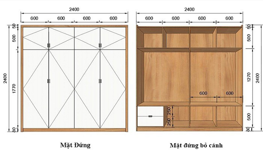 Kích thước tủ quần áo 4 cánh đúng chuẩn