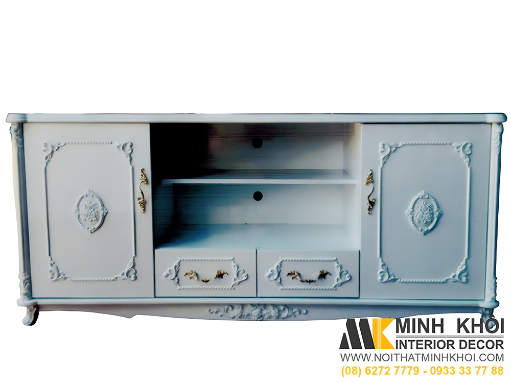 Kệ tivi cao cấp gỗ công nghiệp màu trắng hoạ tiết in nổi thu hút