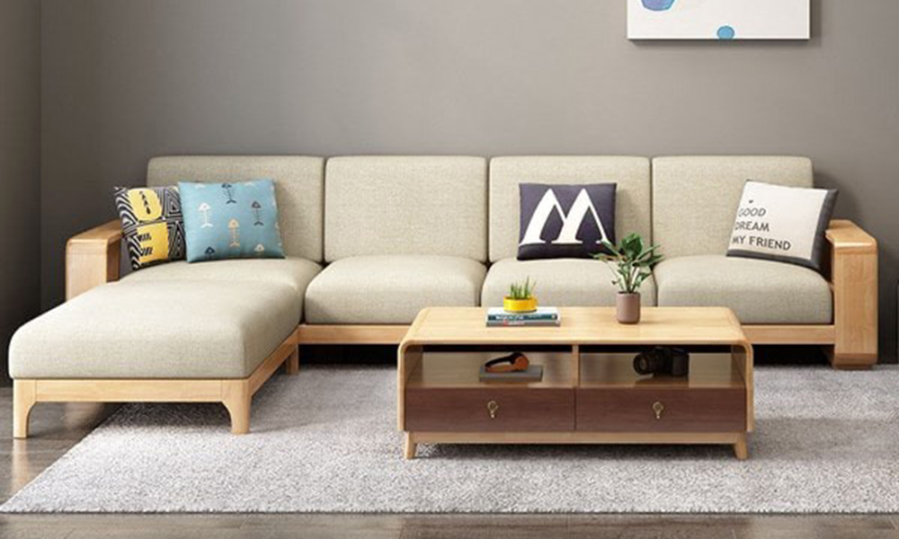 Mẫu sofa gỗ chữ L phong cách Nhật nhẹ nhàng