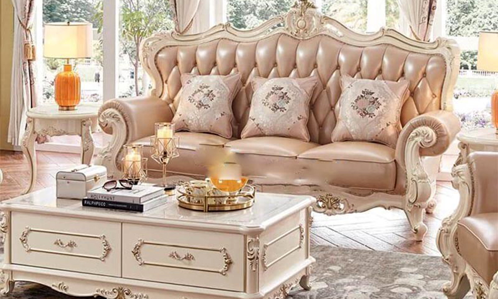 Mẫu sofa gỗ tân cổ điển màu kem sang trọng