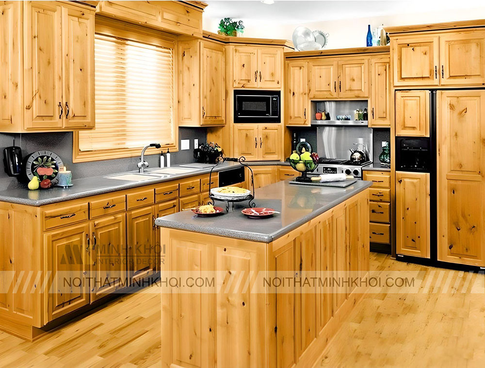 Mẫu tủ bếp đẹp hình chữ L gỗ sồi tự nhiên cao cấp