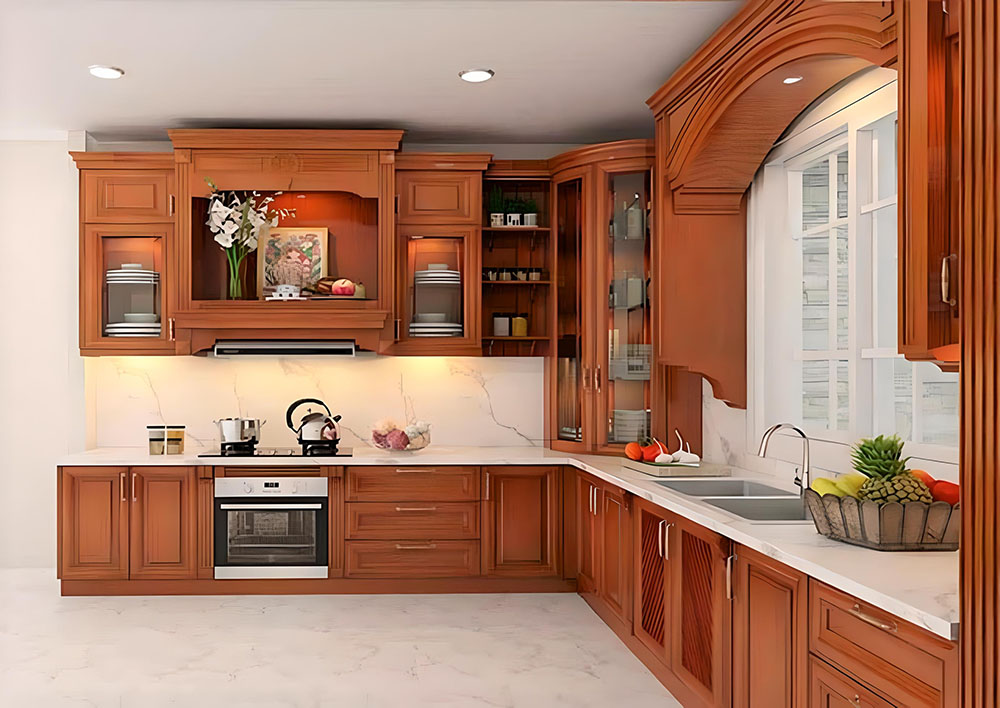 Mẫu tủ bếp gỗ Căm Xe hình chữ L