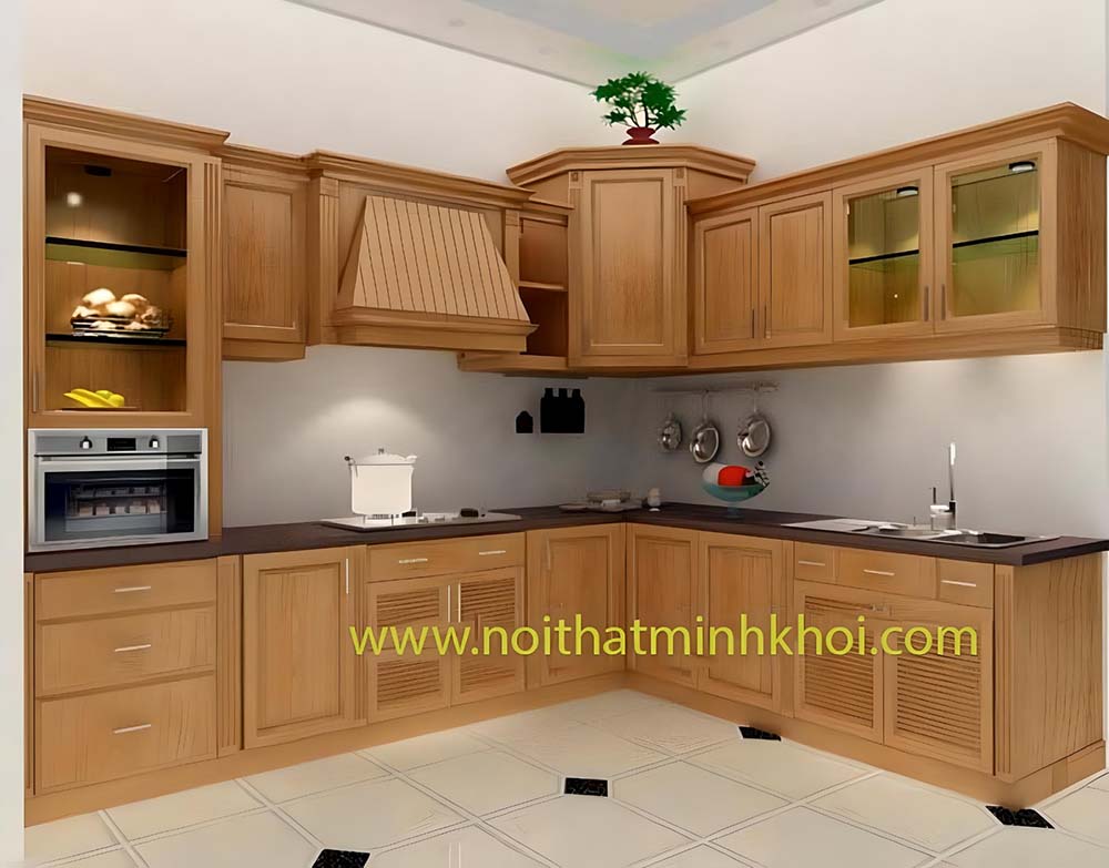Mẫu tủ bếp gỗ Sồi chữ L màu vàng đẹp