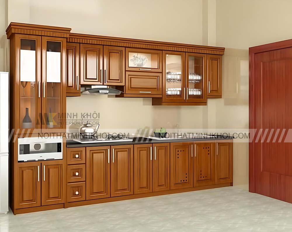 Mẫu tủ bếp hình chữ I bằng gỗ tự nhiên