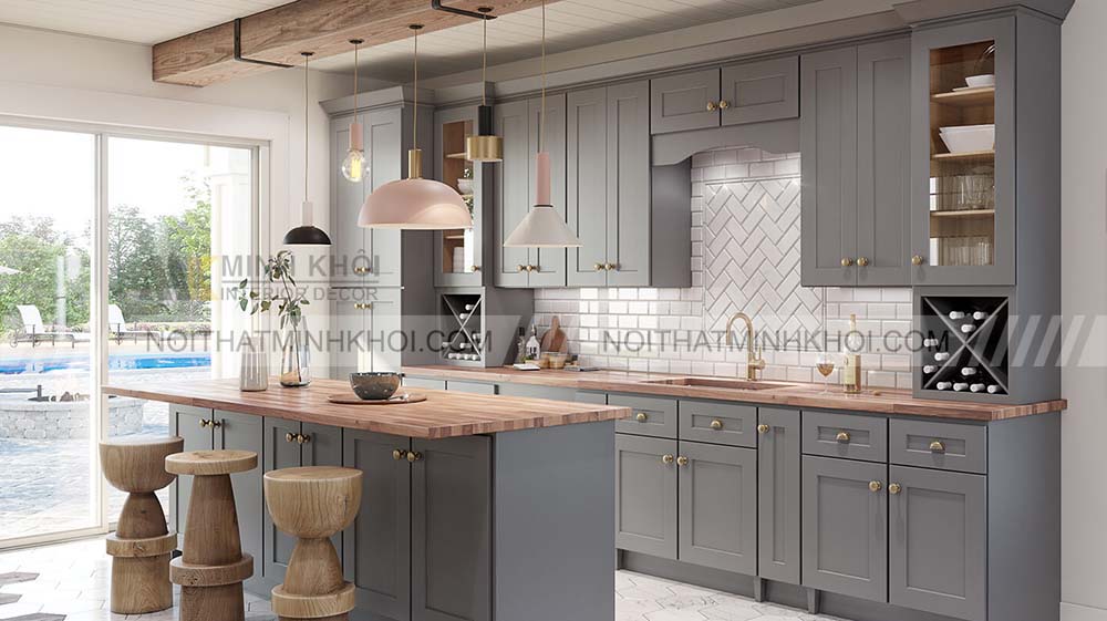Mẫu tủ bếp hình chữ I có quầy bar