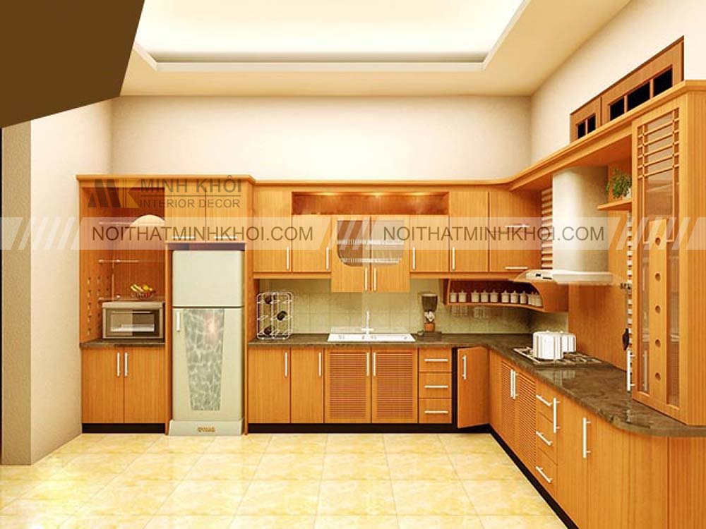 Mẫu tủ bếp hình chữ L chất liệu gỗ Xoan