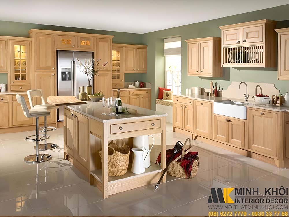 Mẫu tủ bếp hình chữ L có tích hợp thiết bị hiện đại