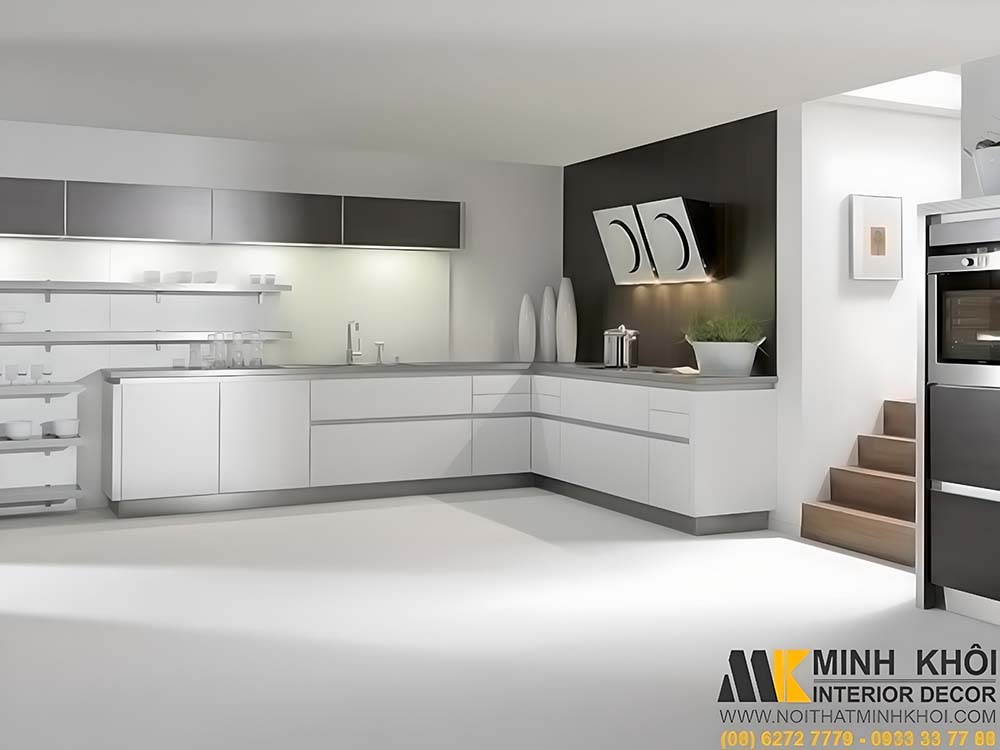 Mẫu tủ bếp hình chữ L màu trắng gỗ công nghiệp