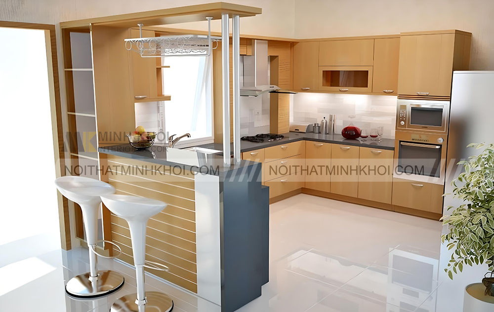 Mẫu tủ bếp kết hợp quầy bar hiện đại