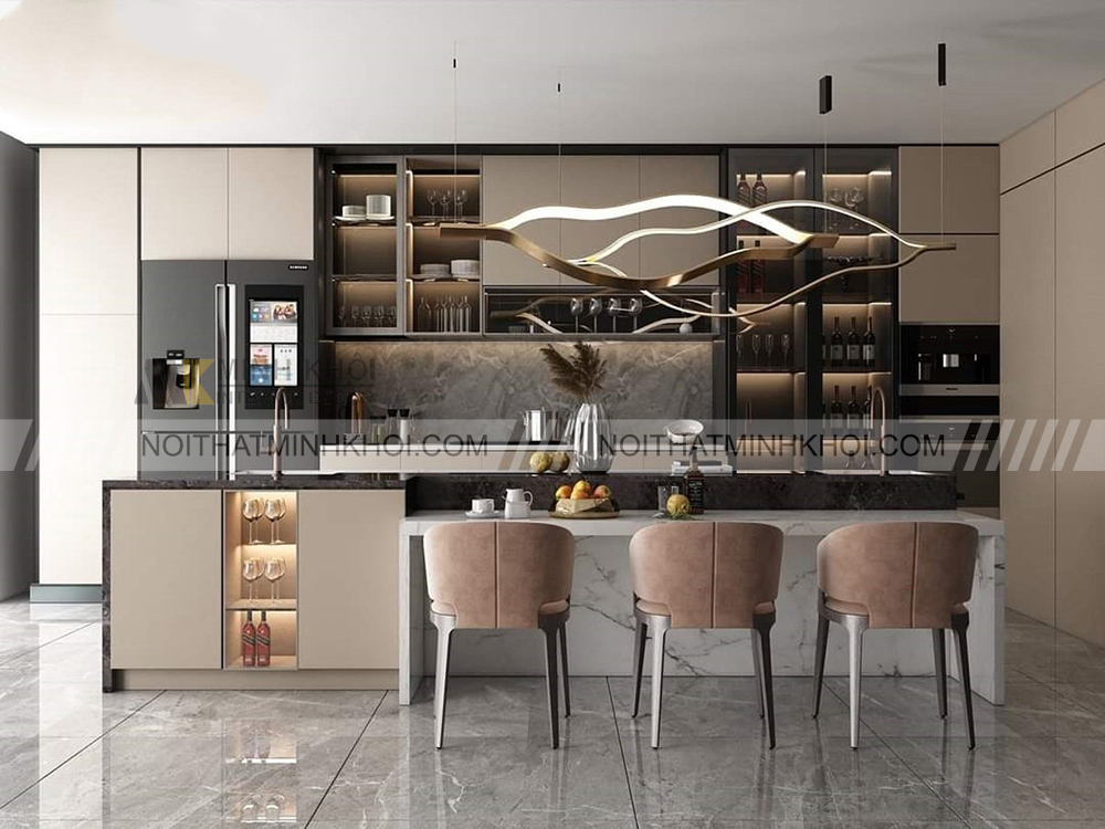 Mẫu tủ bếp kết hợp tủ rượu tinh tế