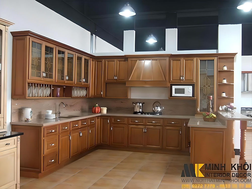 Mẫu tủ bếp trên và dưới gỗ căm xe góc chữ L