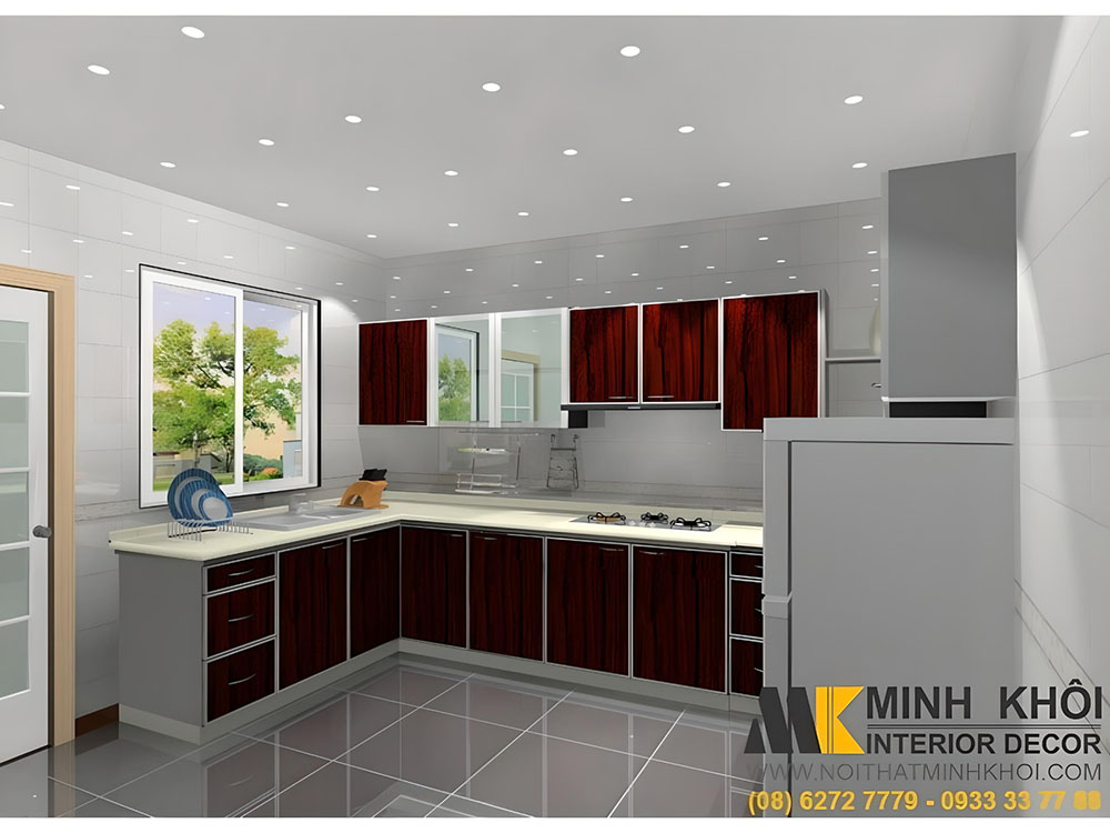 Mẫu tủ kệ bếp màu đỏ chữ L thiết kế hiện đại