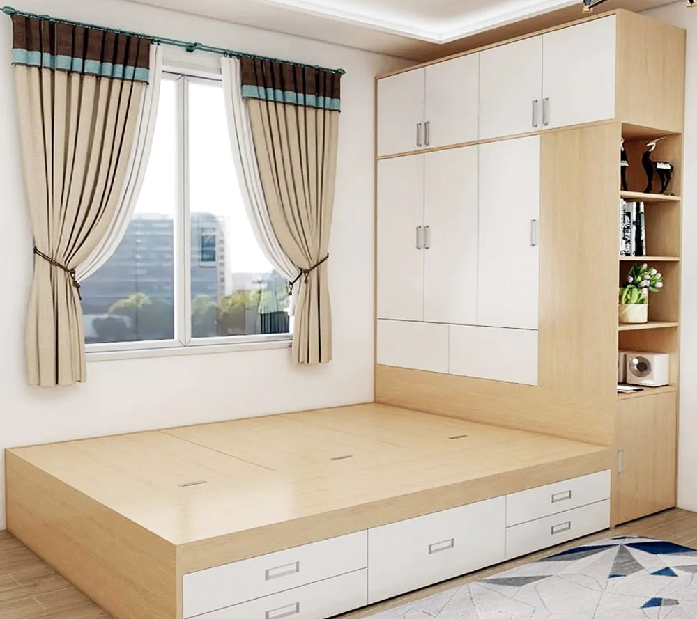 Mẫu tủ quần áo HDF thiết kế liền giường