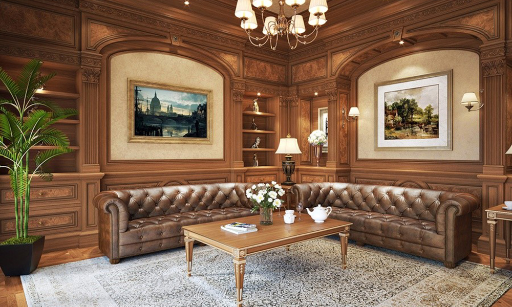 Phòng khách tân cổ điển kết hợp cùng nội thất gỗ gõ