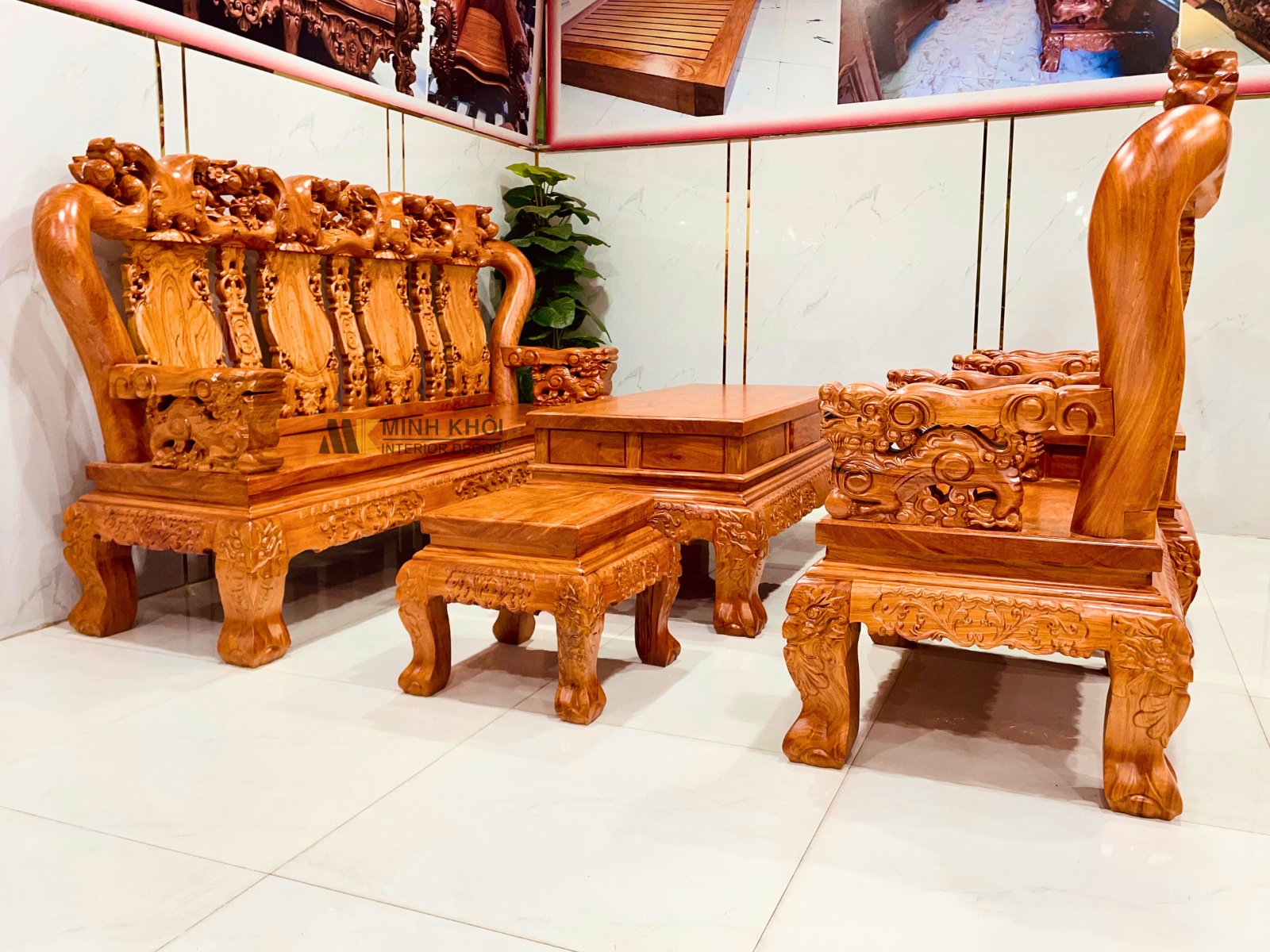 Salon Gỗ Hương Đá Tay 14 6 Món Mặt Liền Cao Cấp - SL996