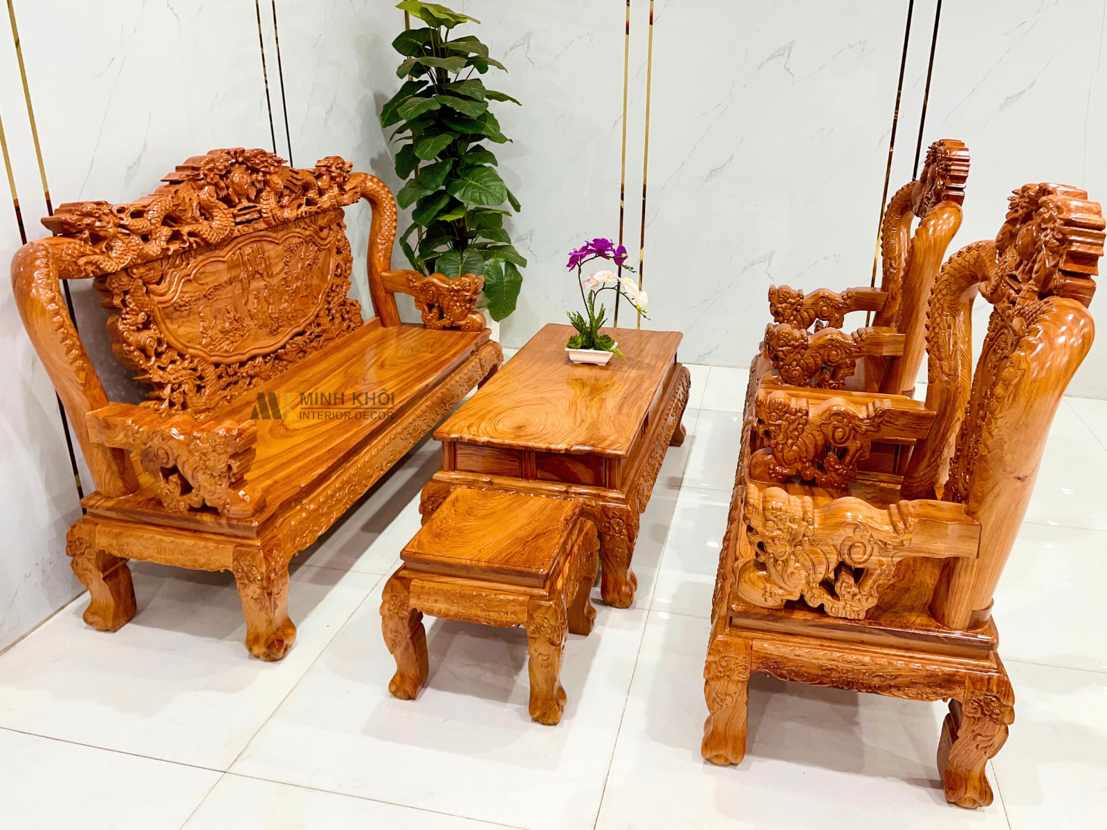 Salon Gỗ Hương Đá Rồng Bát Tiên Tay 10 Mặt Liền - SL926