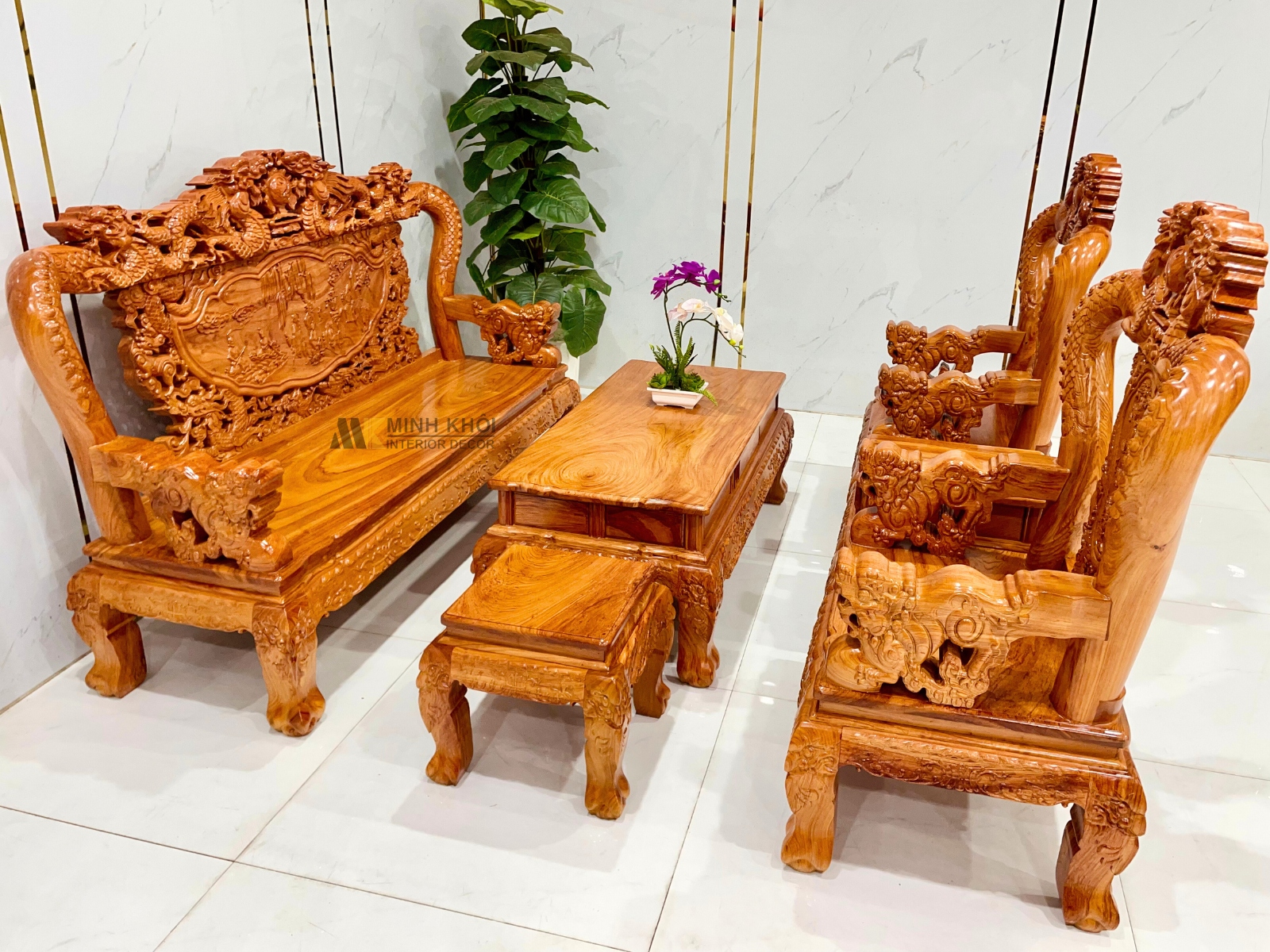 Salon Gỗ Hương Đá Rồng Bát Tiên Tay 10 Mặt Liền - SL926