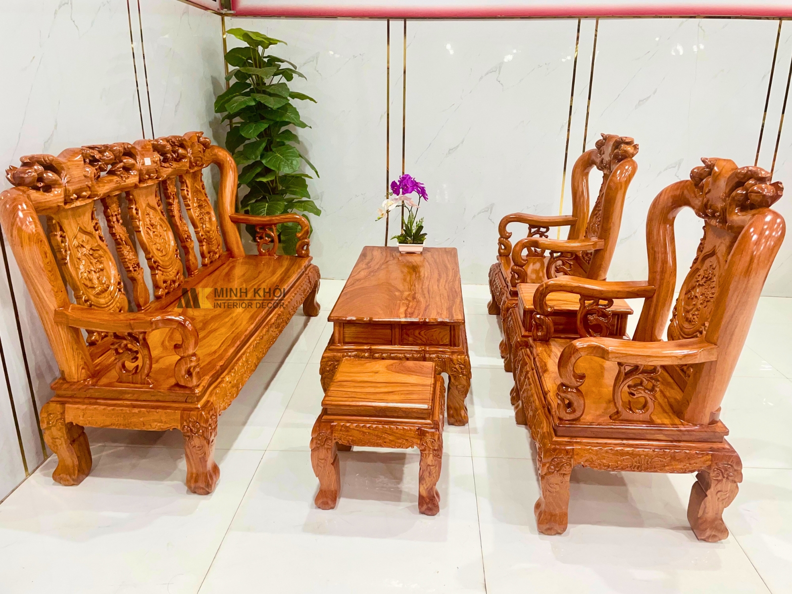 Salon Gỗ Hương Đá Tay 10 6 Món Chạm Đào - SL995