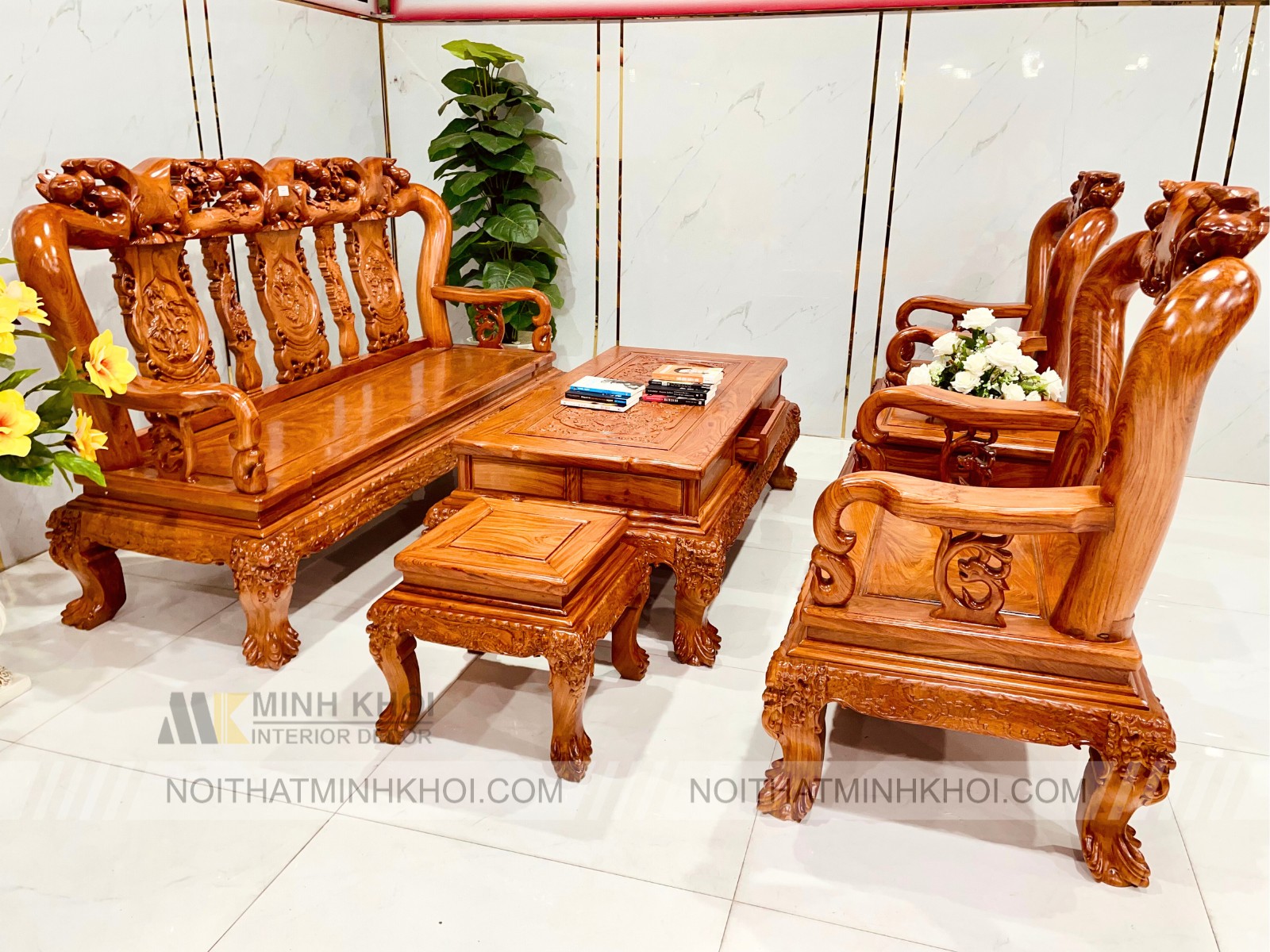 Salon Gỗ Hương Đá Tay 12 Chạm Đào Cao Cấp - SL986