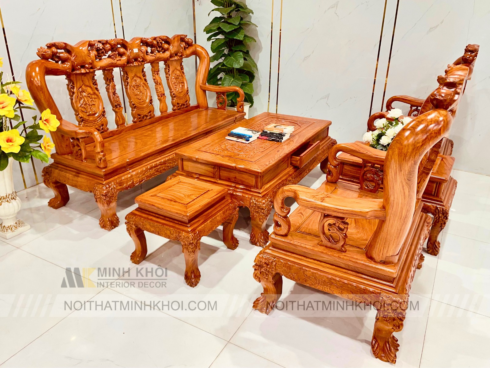 Salon Gỗ Hương Đá Tay 12 Chạm Đào Cao Cấp - SL986