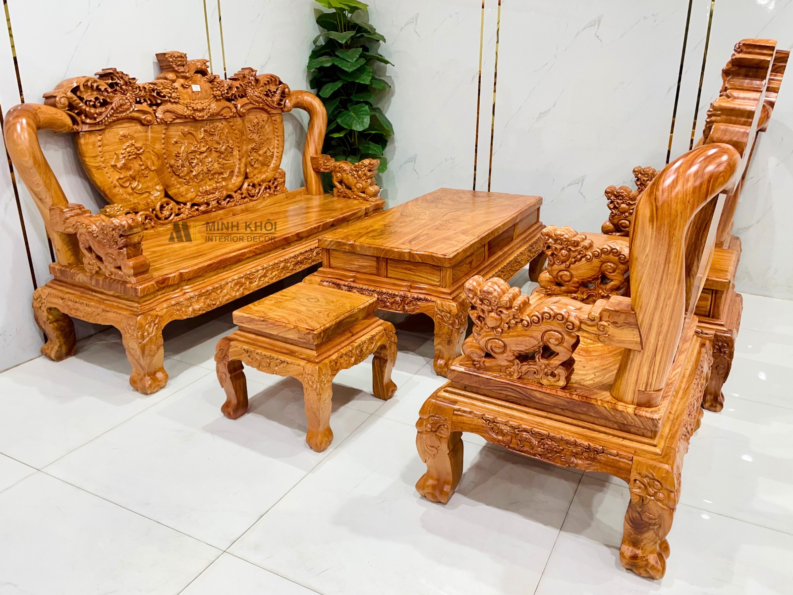 Salon Gỗ Hương Đá Tay 12 Nghê Bảo Đỉnh Mặt Liền (Đặc Biệt) - SL990