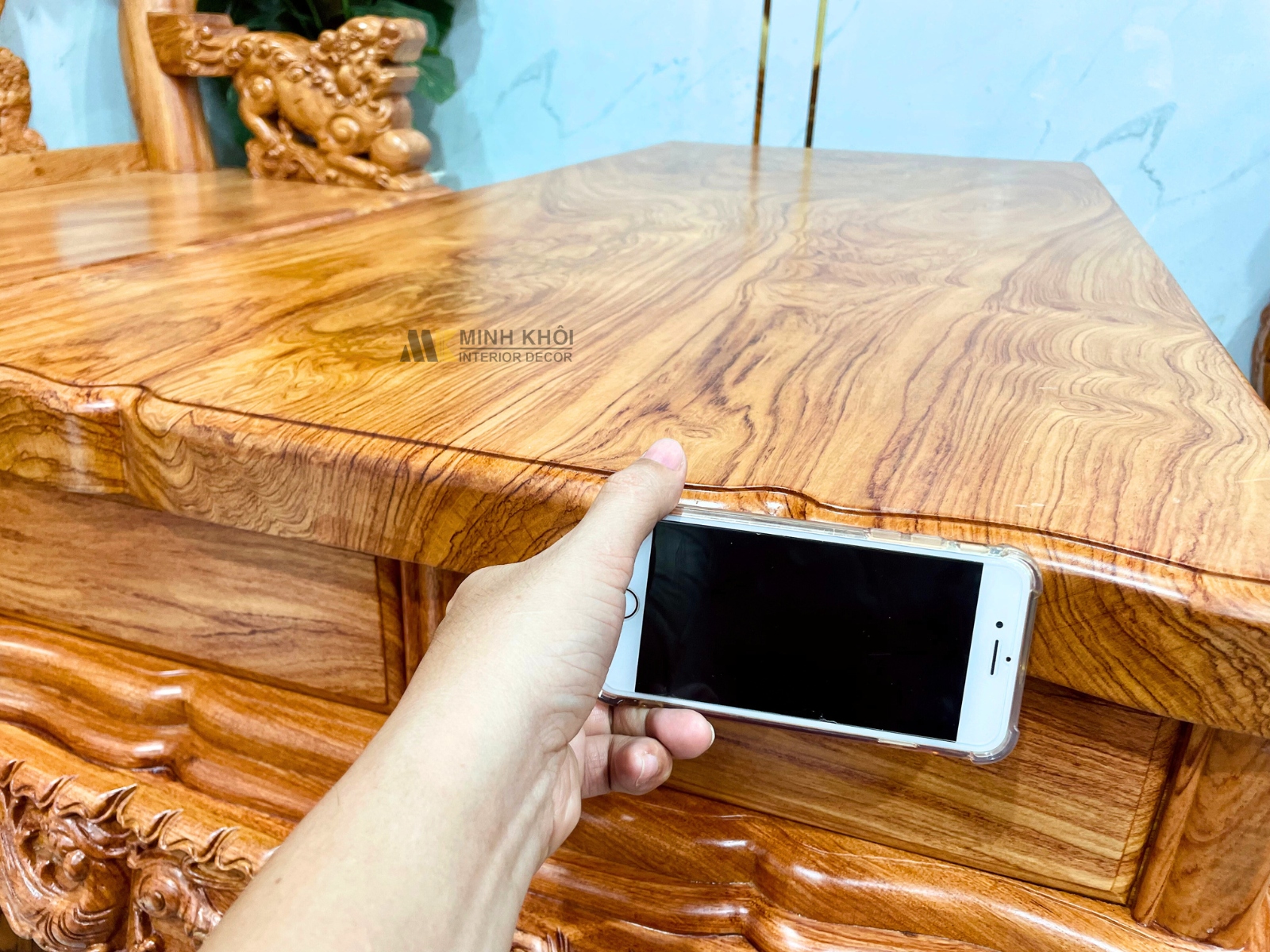 Salon Gỗ Hương Đá Tay 12 Nghê Bảo Đỉnh Mặt Liền (Đặc Biệt) - SL990