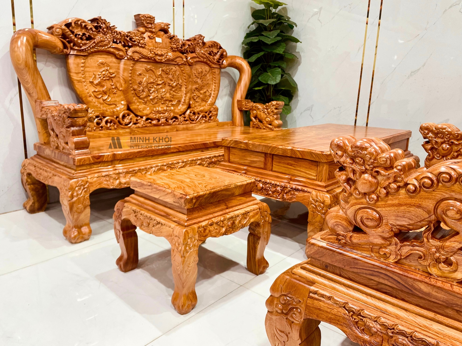 Salon Gỗ Hương Đá Tay 12 Nghê Bảo Đỉnh Mặt Liền (Đặc Biệt) - SL990