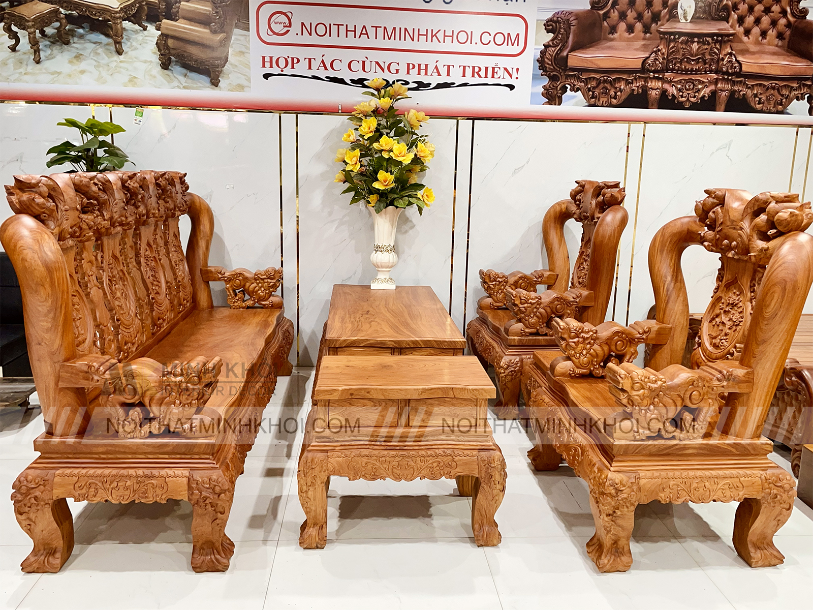 Salon Gỗ Hương Đá Tay 14 Chạm Đào Nghê Đẳng Cấp - SL3029