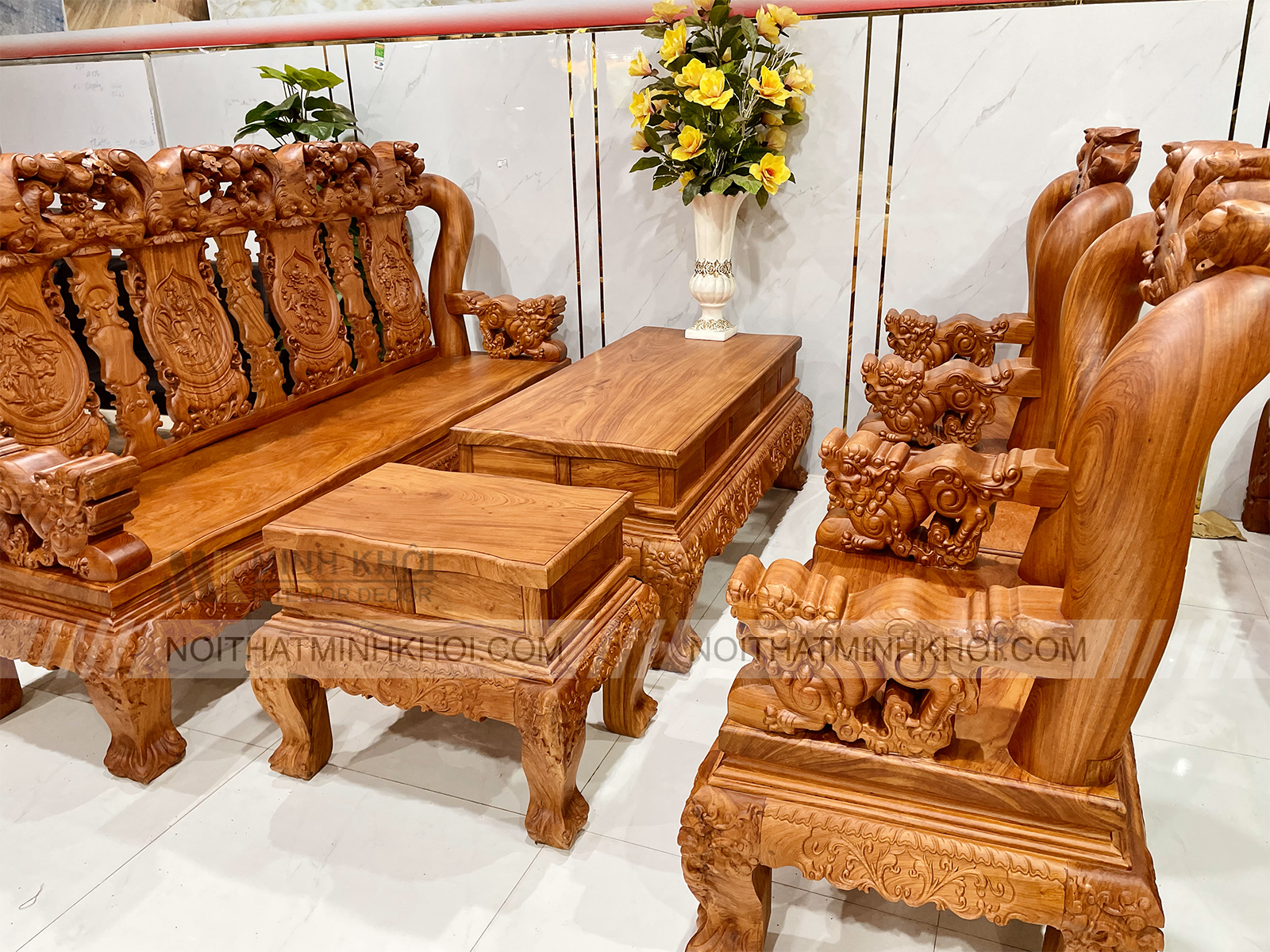 Salon Gỗ Hương Đá Tay 14 Chạm Đào Nghê Đẳng Cấp - SL3029