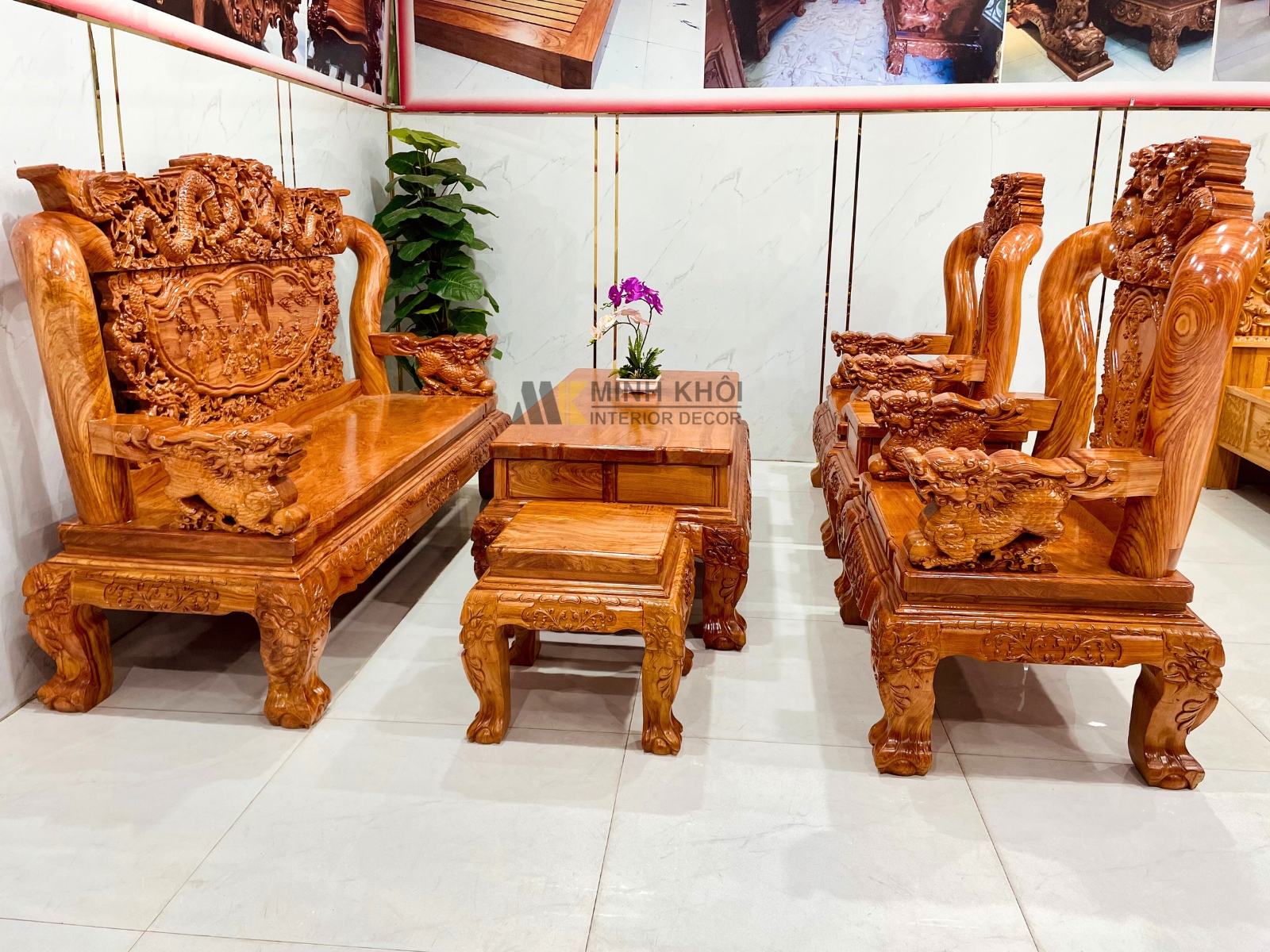 Salon Gỗ Hương Đá Tay 14 Chạm Rồng Bát Tiên - SL979