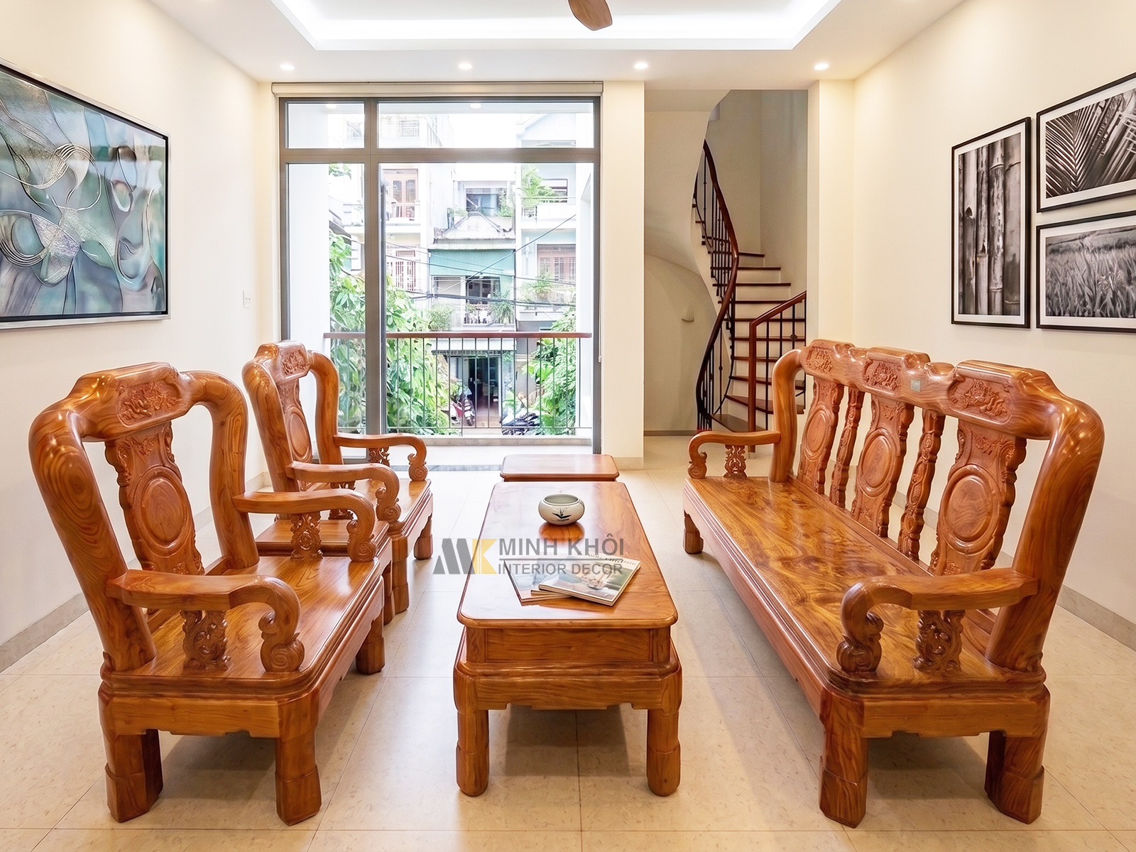 Bàn Ghế Salon Gỗ Hương Đá Tay 10 Chân Xoay - SL993